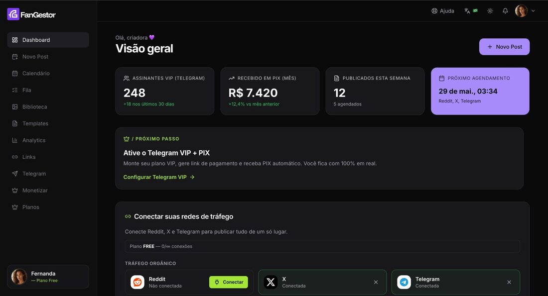 Painel do FanGestor mostrando visão geral com assinantes, receita e próximos agendamentos